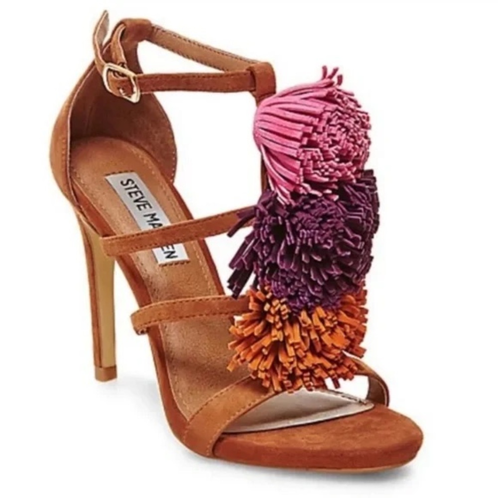 Steve Madden Savannah Multi Colored Tassel Brown Suede T Strap Heels Size 7.5